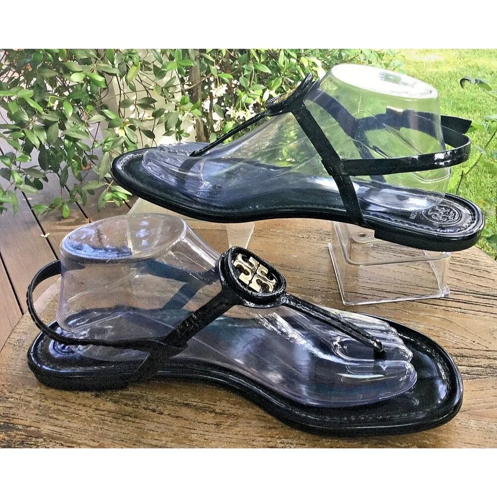 Tory Burch Dillan Black Patent Leather Flat Sandal Womens Size 10.5